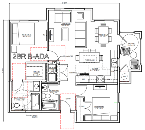 Floor plan for 2 beds, 2 baths, 944 sqft